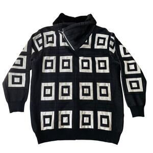 Y2K Silversilk Geometric Zip Up Cardigan Sweater Men 4XL Black White Faux Fur